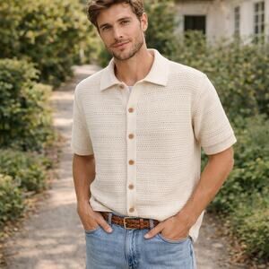 J.Crew Men's SZ L Short Sleeve Open-Stitch Polo Cardigan Sweater in Ivory White